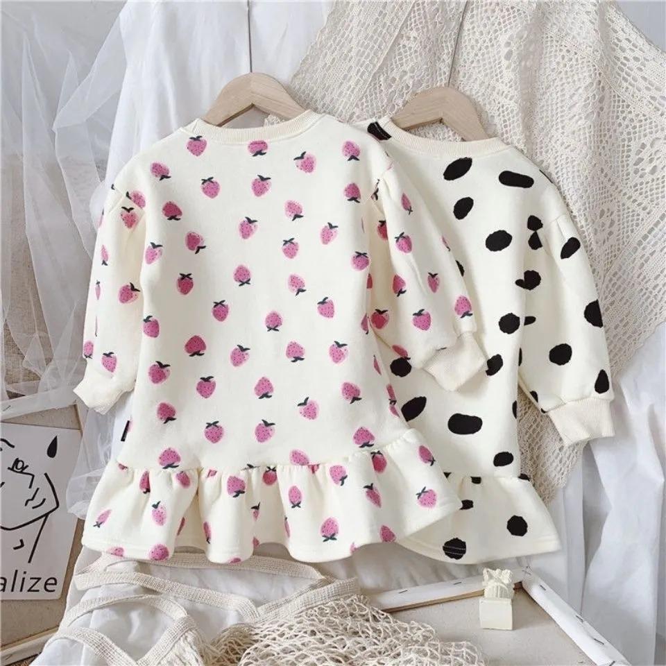 Girls Plush Sweatshirt Dress German Velvet Dress Children's Baby  Polka Dot Flower Bud Skirt