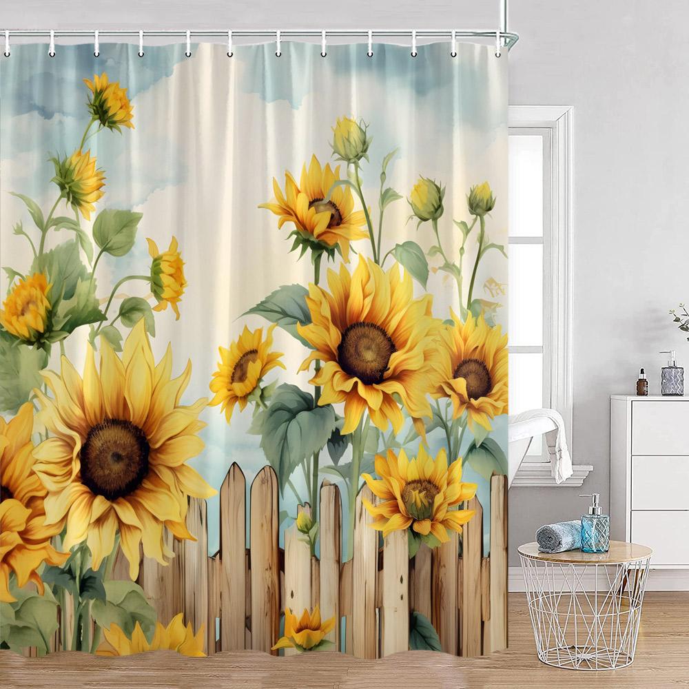 Sunflower Floral Shower Curtains Spring Plants Birds Butterfly Green Leaves Bathroom Curtain Modern Polyester Fabric Bath Decor