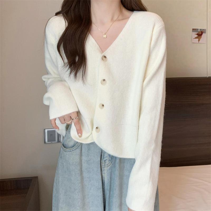 Design Sinn Nische gestrickte Strickjacke Top Damen Winter neu V-Ausschnitt kurzer Pullover Jacke