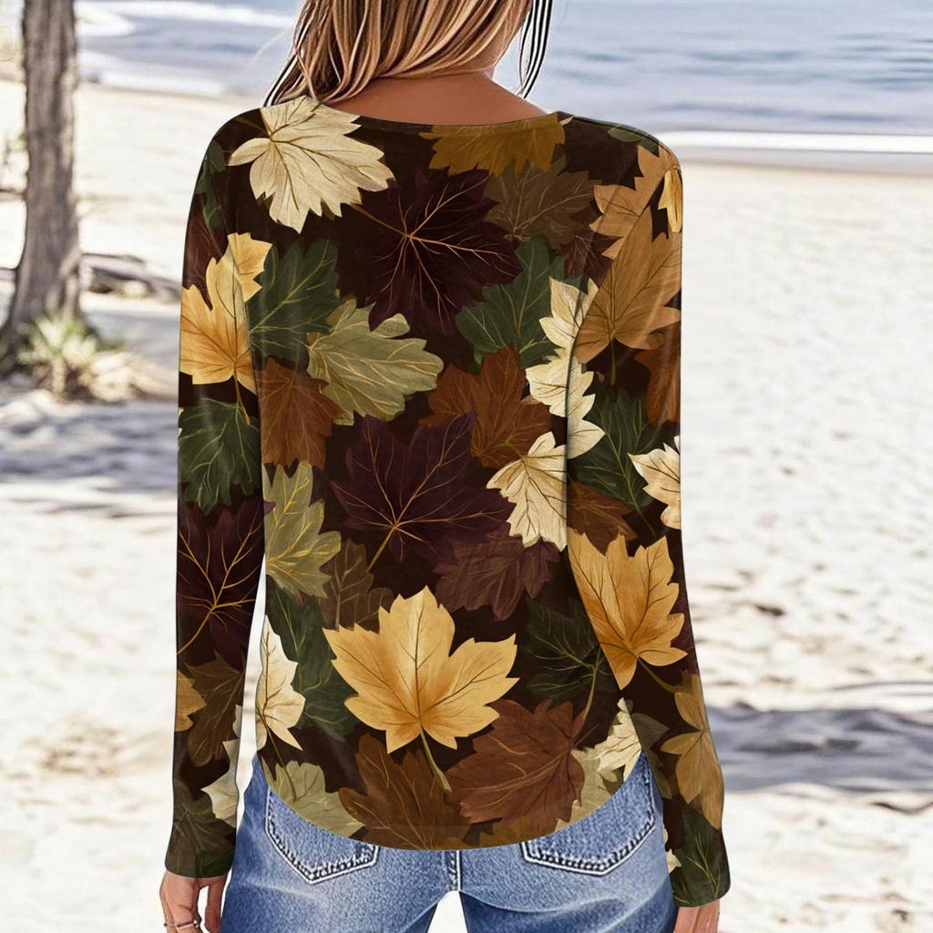 Women's Casual Long Sleeve Blouse with Leaves Print Round Neck Top for Everyday Wear