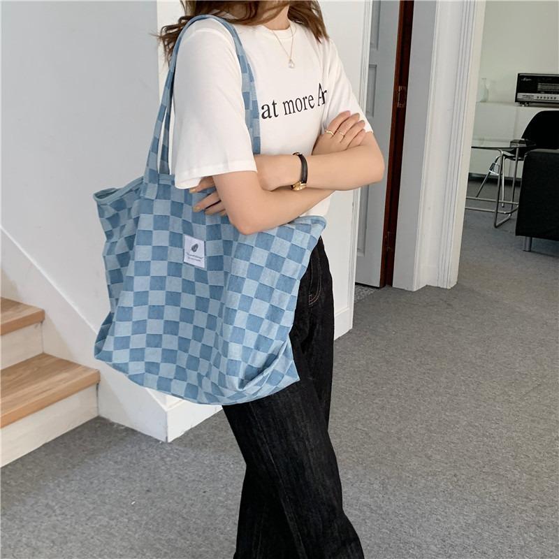 1 Checkerboard Large Capacity Tote Bag Denim Canvas Shoulder Bag Schoolgirl Handbag