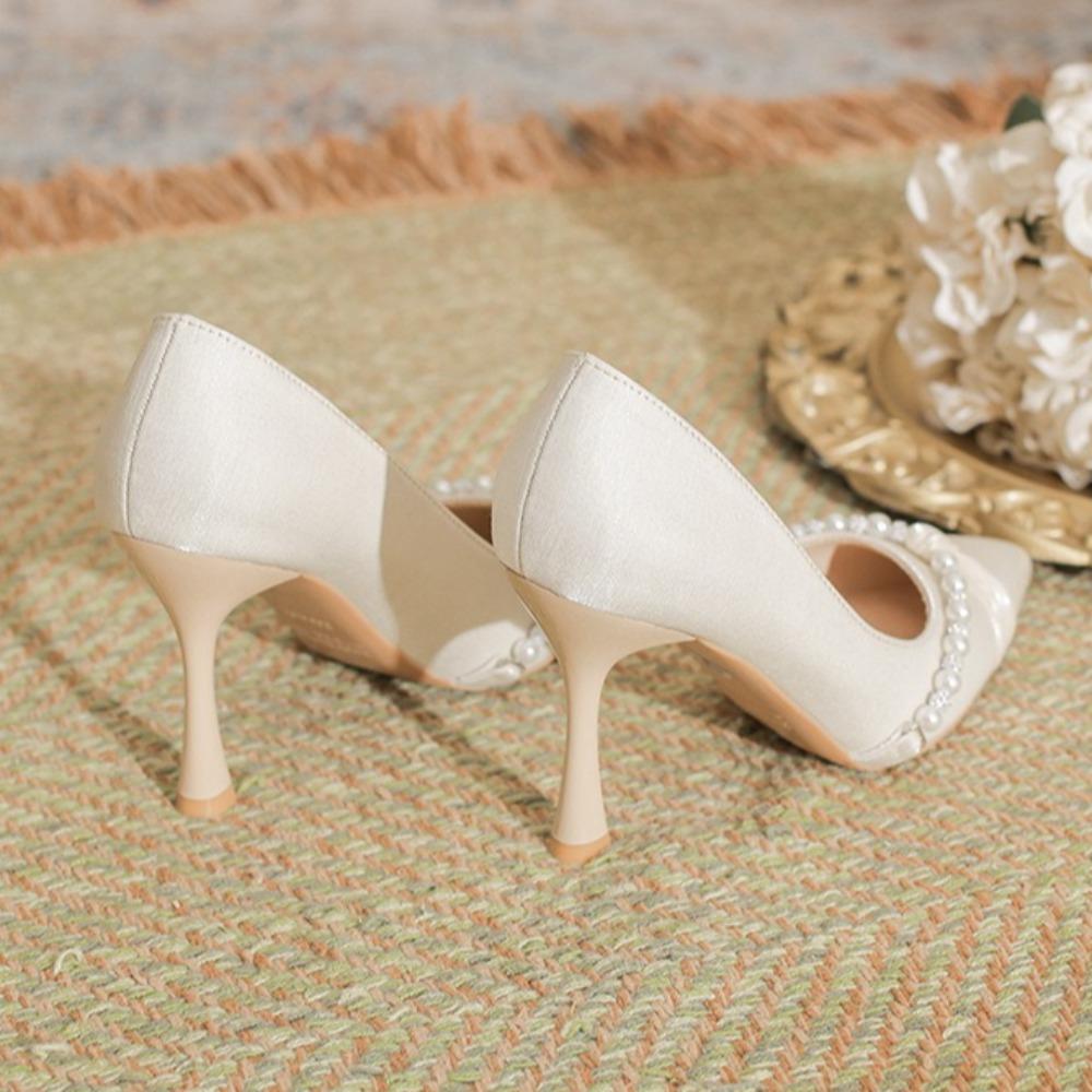 Pointed Stiletto High Heels Women Autumn and Summer New Satin Pearl Pumps Women's Small Size Light Mouth Shoes High Heel Pumps