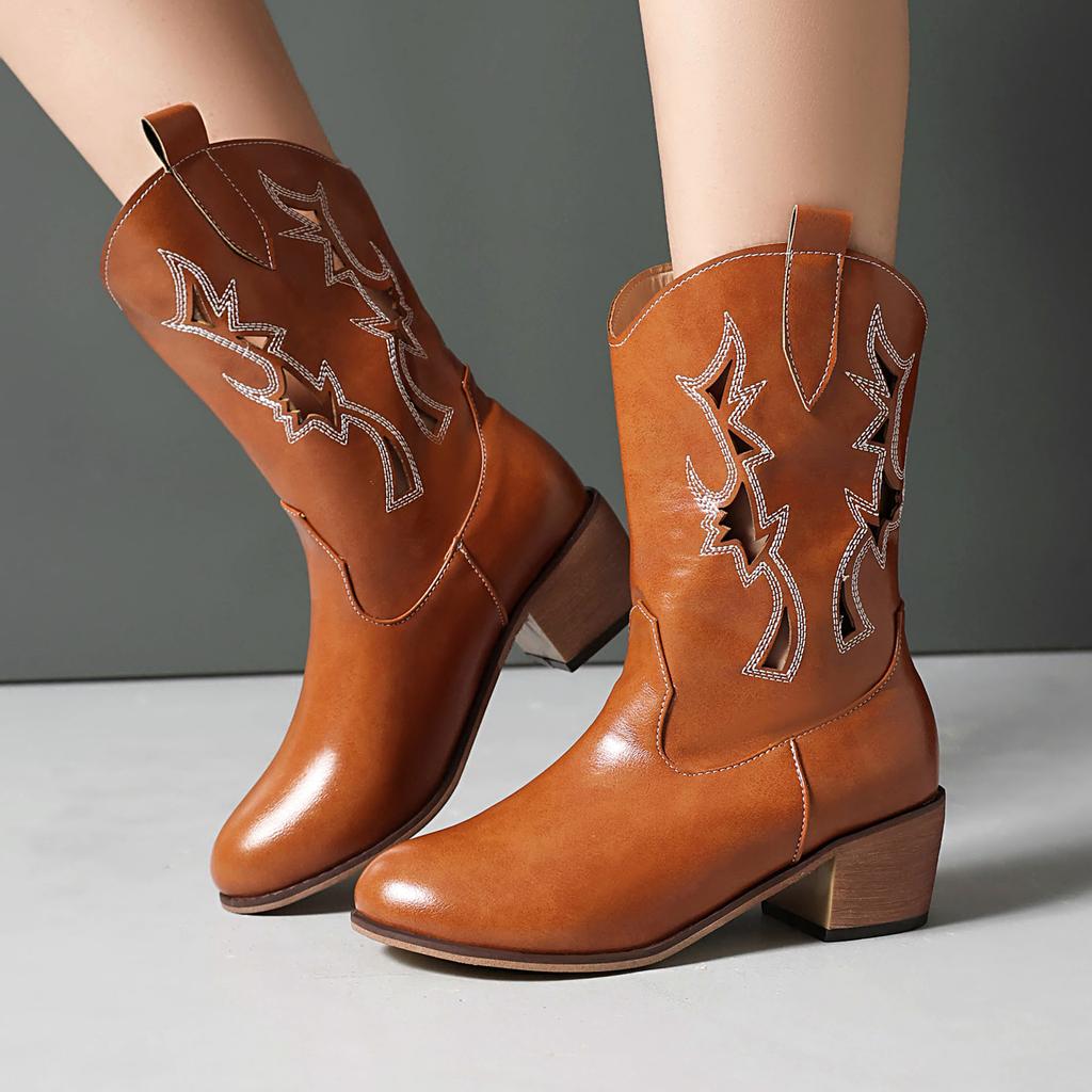 Women Summer Embroidery Western Boots Cowgirls Ankle Boots Hollow Out Chunky Heels Shoes
