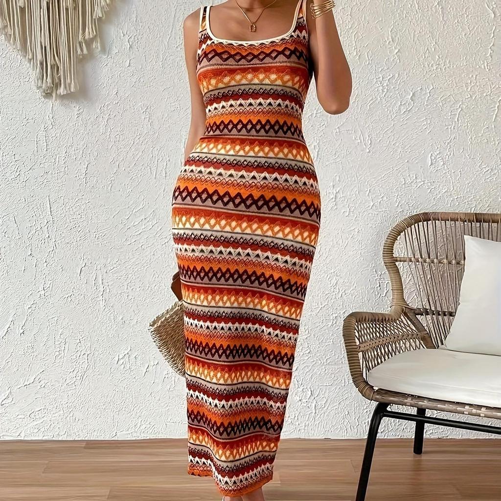 Summer Square Collar Stripe Side Slit Long Dress Women Bohemia Bodycon Dress Sexy Package Hips Sleeveless Tank Dresses Clothing