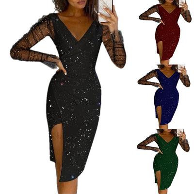 Women's Sparkly V-Neck Mesh Long Sleeve Bodycon Dress Glitter Slit Party Club Cocktail Evening Mini Dress