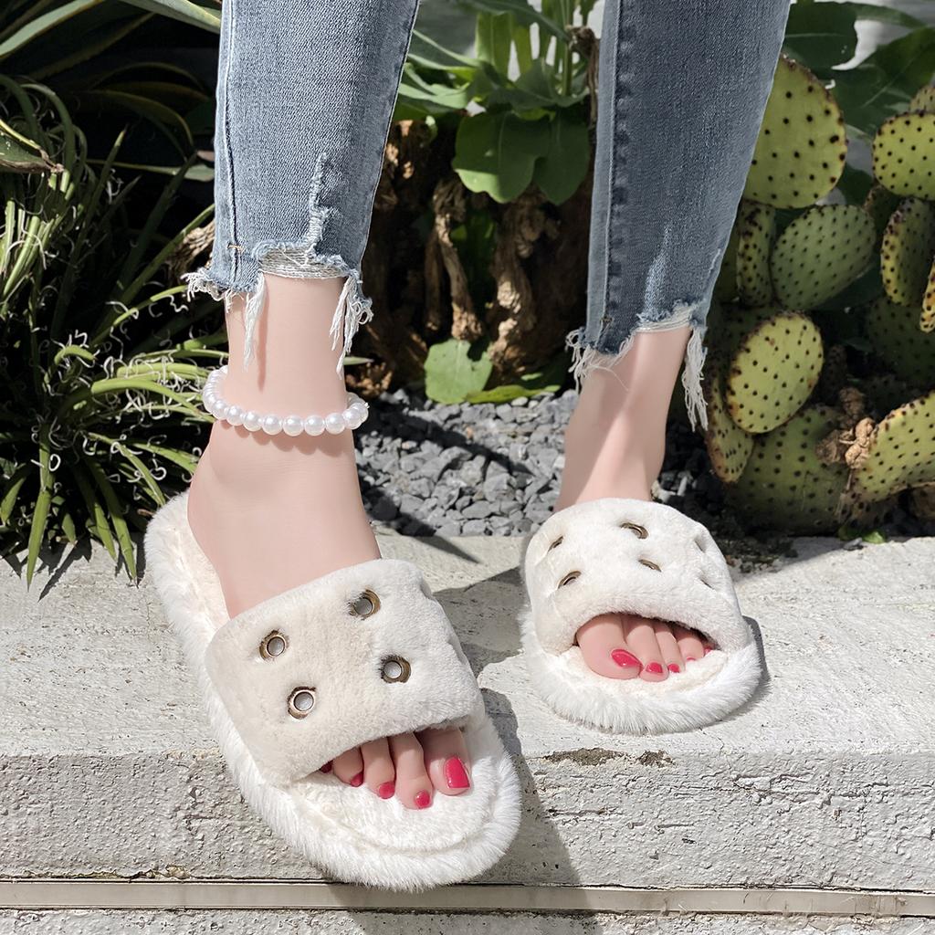 Fashion Slippers Female Slides Warm Short Plush Flat Low Heels Shoes Woman Solid Fur Metal Decoration Women Slippers Plus Size
