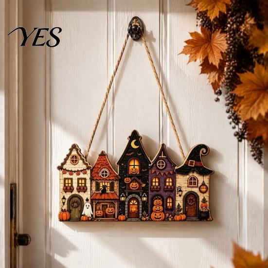 Haunted House Wall Decoration Halloween Wooden Hanging Pendant with Hemp Rope for Door Autumn Seasonal Art Decoration, Castle Ornaments Pumpkin Ghost