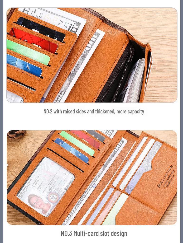 Portofel Lung Bifold Retro pentru Bărbați din Piele Naturală de Vacă Captain - Ceară de Ulei, Portmoneu pentru Monede de Capacitate Mare