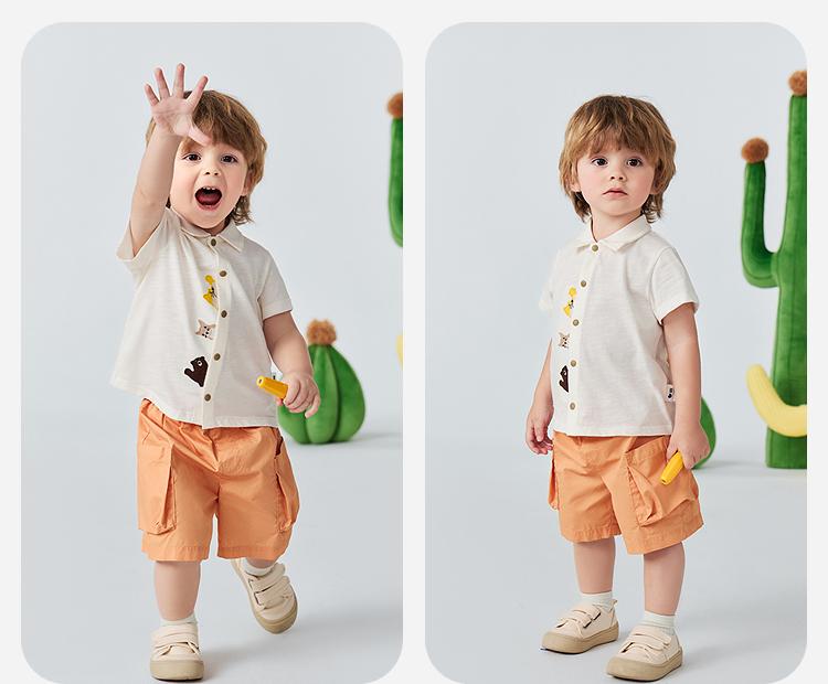 [Bamboo Cotton T] Mini Balabala Boys' Short Sleeved Shirt with Soft and Breathable Open Collar, Animal Open Collar Top for Summer