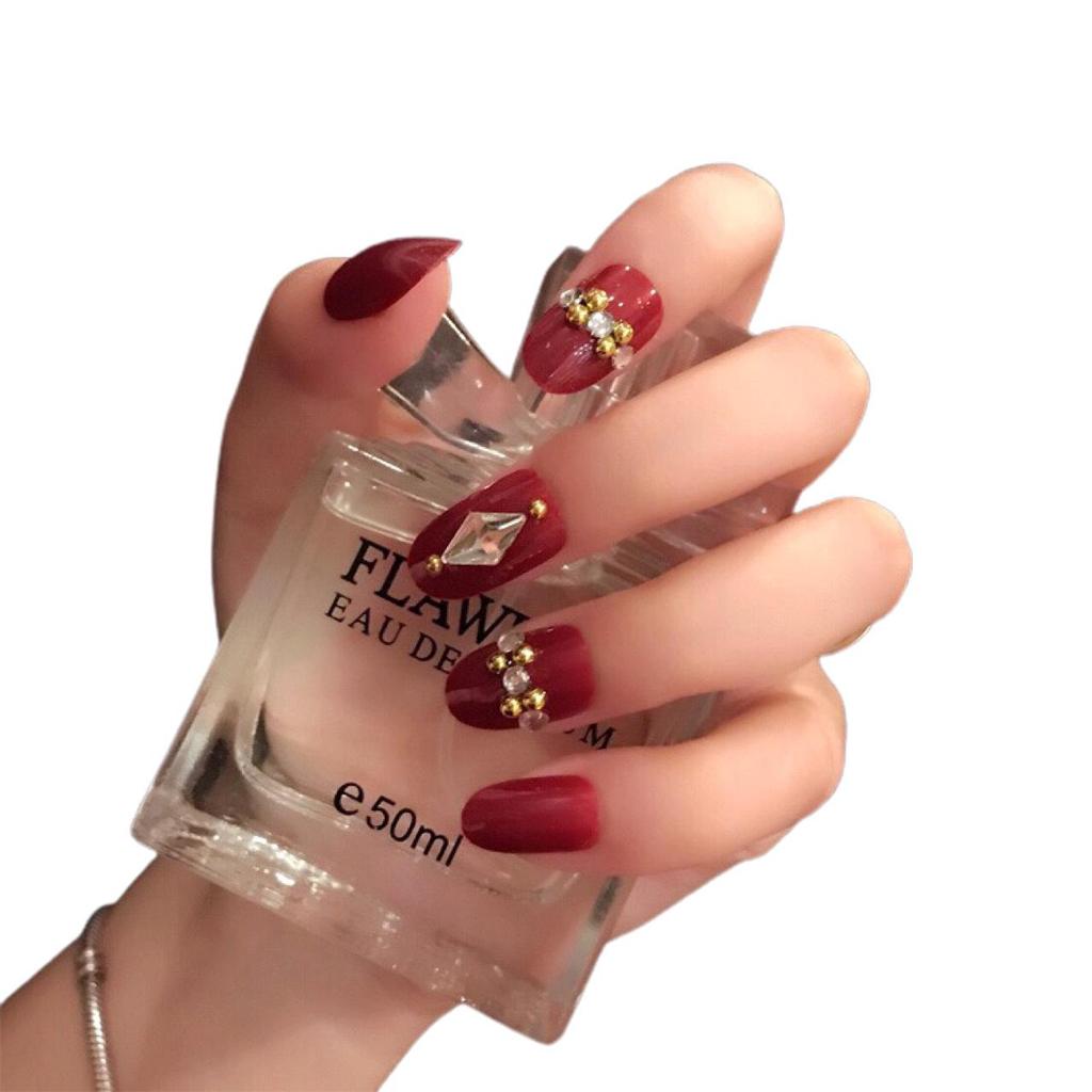 Burgundy Rhinestone Short False Nails: Bridal Manicure Patches for a Noble Look