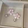 Elegant Pink Cherry Blossom Pearl Tassel Earrings for Women – Unique and Beautiful Fairy Floral Stud Jewelry