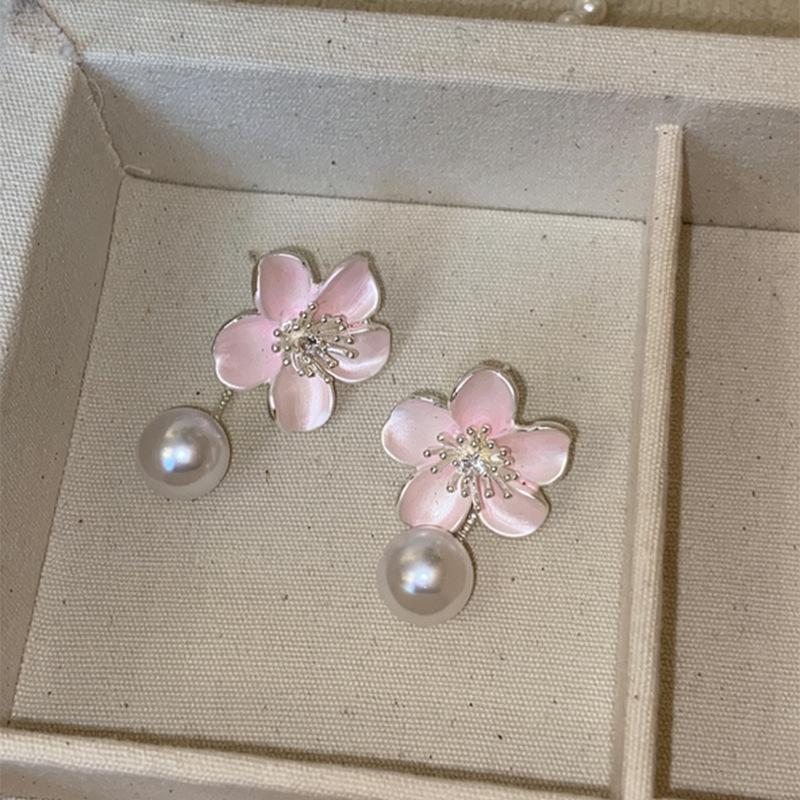 Elegant Pink Cherry Blossom Pearl Tassel Earrings for Women – Unique and Beautiful Fairy Floral Stud Jewelry