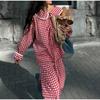 Plaid Shirt Pants Sets Women Peter Pan Collar Lace Up Long Sleeve Shirts Wide Leg Trousers 2 Pieces Suits Female Casual Outfits