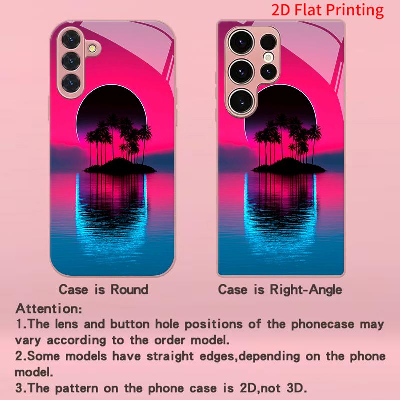 2DFlat Samsung electroplated tempered glass phone case,Neon Sunset IslandSuitable for Galaxy S26 S23 S24FE S25ULTRA S22 S21