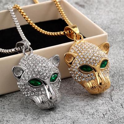 Europäische & Amerikanische Unisex-Halskette aus Edelstahl mit Strass-Leopardenkopf-Anhänger
