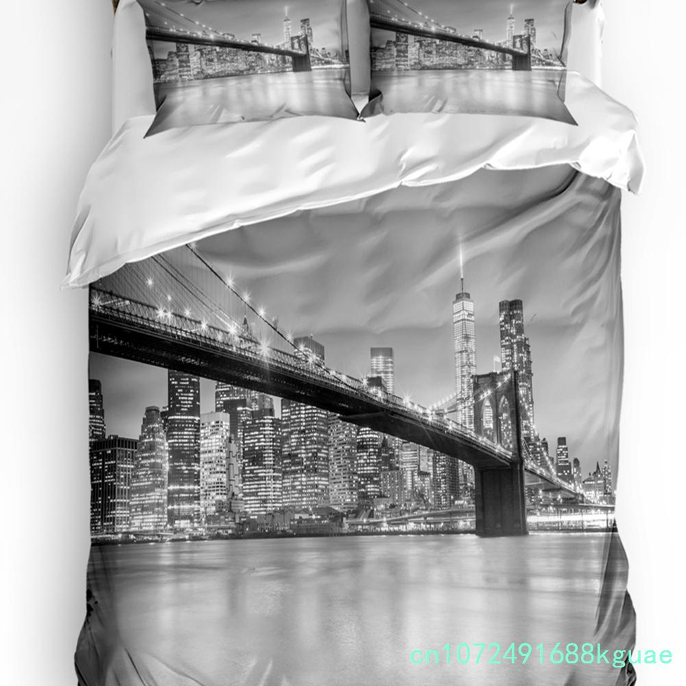 3pcs Bedding Set Business City Scenery New York Black And White Duvet Cover Pillow Case Boy Kid Teen Girl Bedding Covers Set