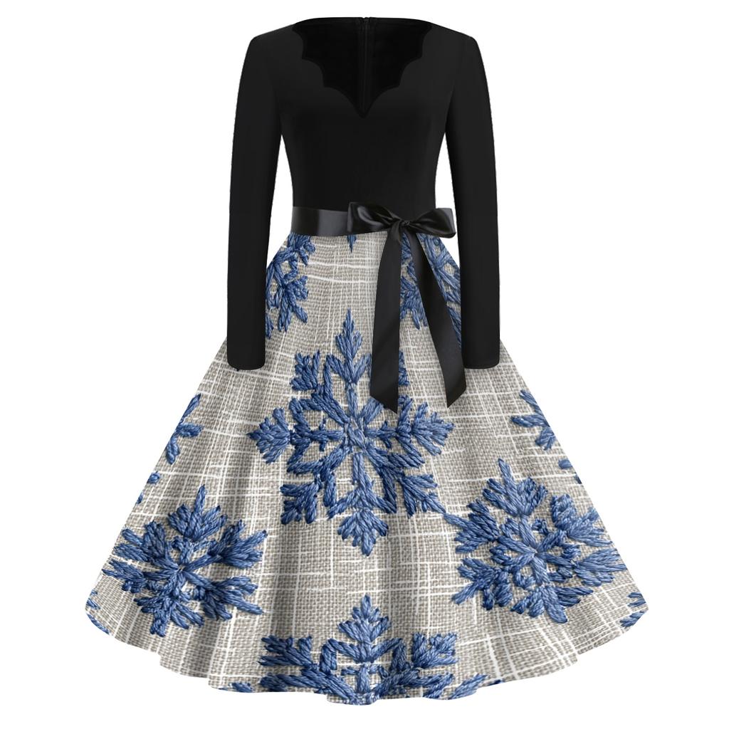 Women's Retro V-Neck Christmas Dress with Snowflake and Christmas Tree Print, Vintage A-Line Dress for Holiday Party