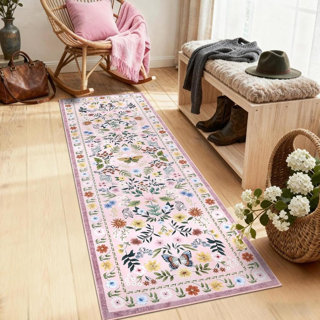 Floral Butterfly Pattern Runner Rug Countryside Style Non-Slip Floor Mat Boho Retro Corridor Living Room Hallway Decor Carpet