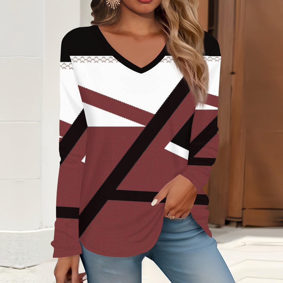 

2023 весна и осень новая мода с длинным рукавом повседневная футболка с v-образным вырезом и принтом