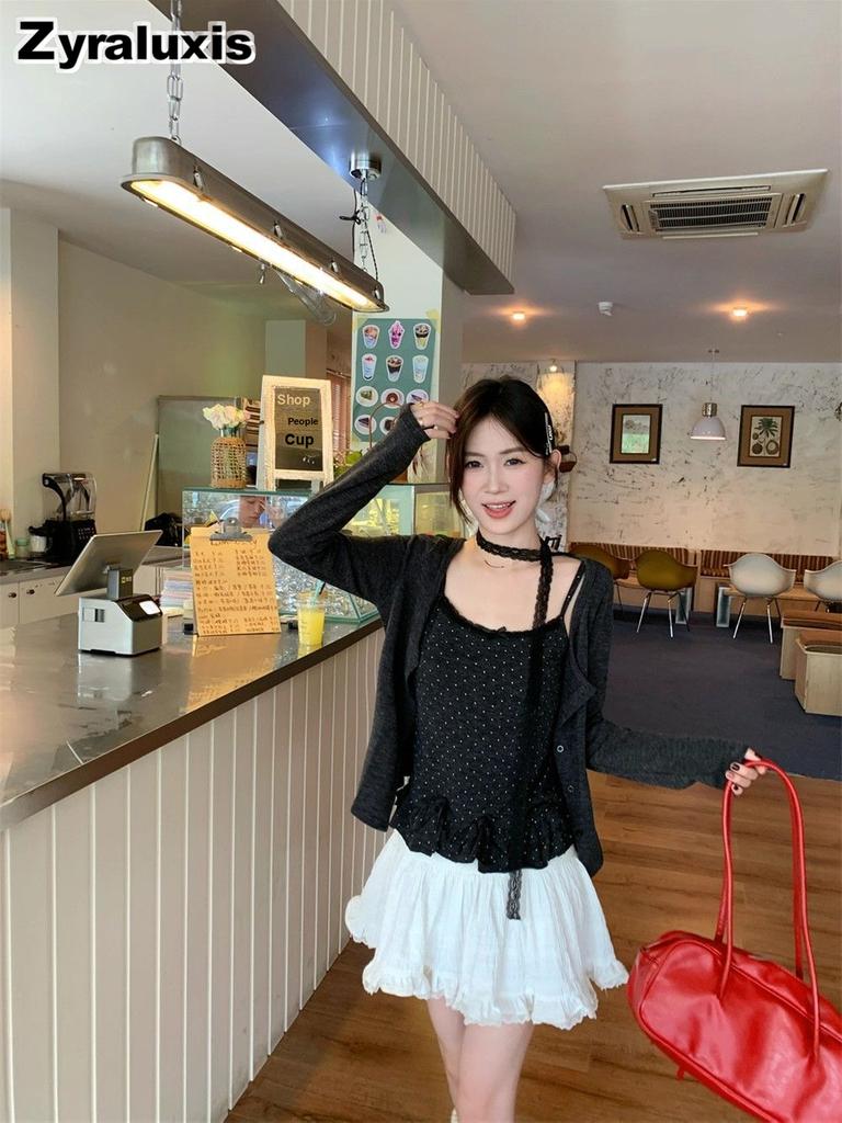Pure Desire Style Temperament Fashion Set Women Autumn Gentle Wind Long Sleeve Cardigan Ruffled Edge Polka Dot Camisole Top