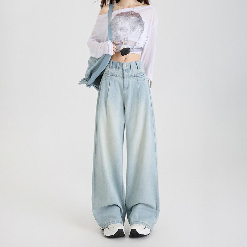 

Женские джинсы с высокой посадкой, широкие штанины, хлопковая джинсовая одежда, прямые брюки, удобные, ретро, повседневные XXS светло-синий