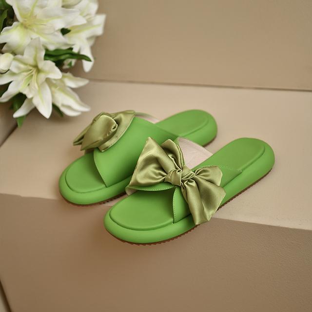 

Женские кожаные тапочки с узлом-бабочкой, уличные пляжные сандалии на плоской подошве, новая летняя повседневная удобная обувь, нескользящие женские шлепанцы на платформе 35 зелёный