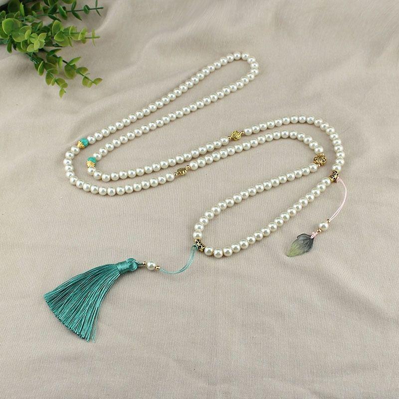 Modern Chinese Faux Pearl Tassel Long Crossbody Necklace with Qipao Style