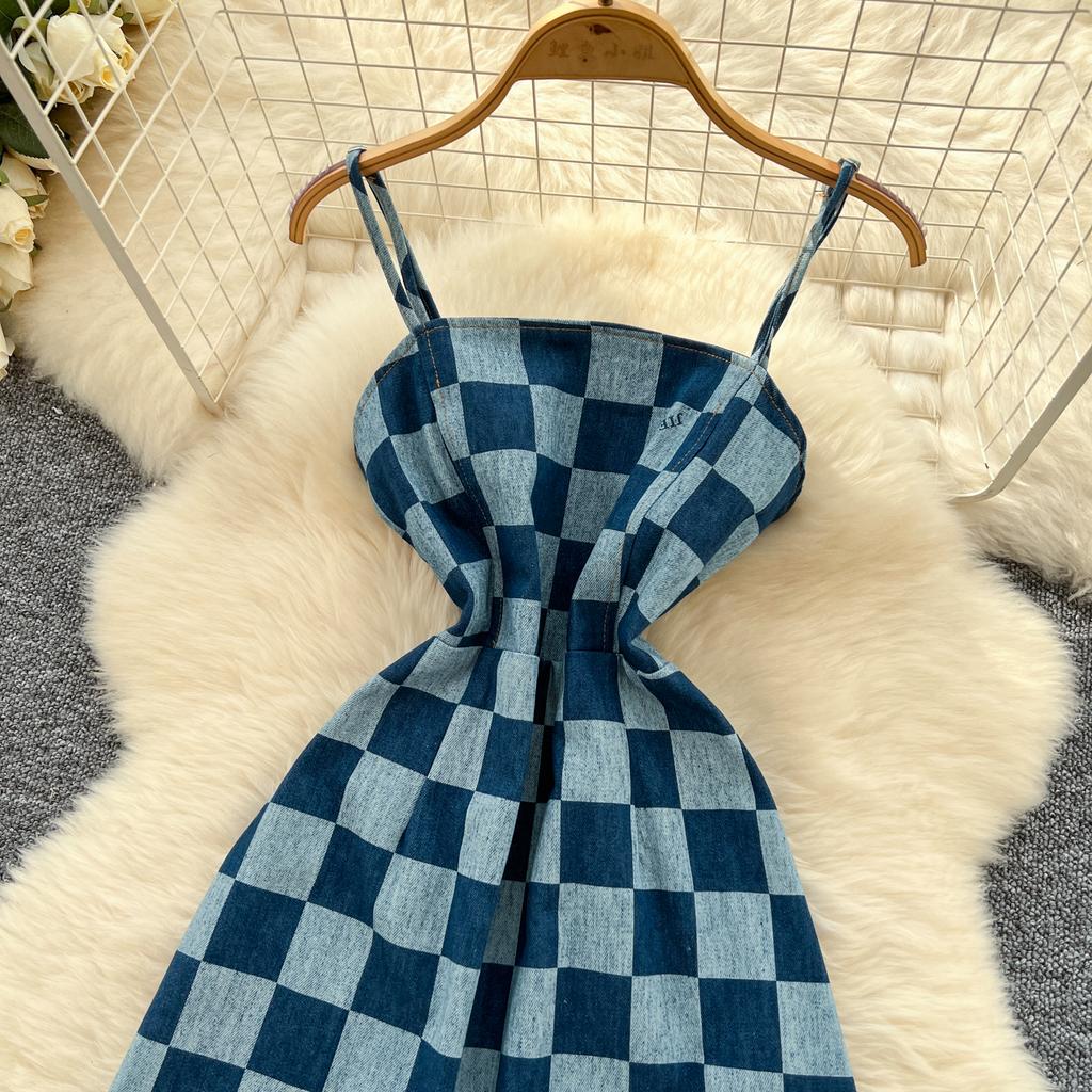Summer Women Vintage Spaghetti Strap Designer Plaid Denim Party Mini Short Dresses