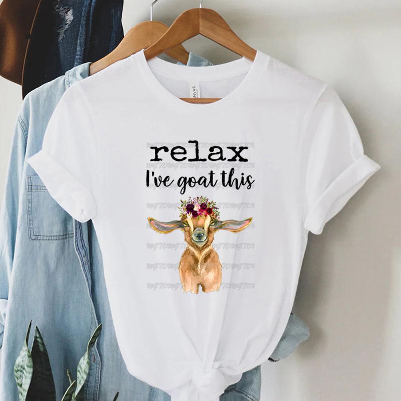 Relax Ive Goat This Print Womens Tshirt Clothing Cartoon Wreath Goat Graphic Women Tee Top Short Sleeve Shirt Femme T Shirt S