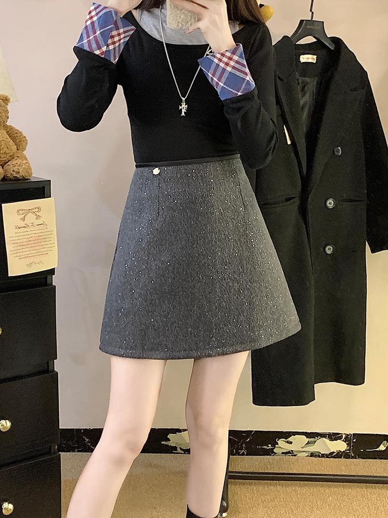 Plus Size Women's Shiny High-Waist A-Line Skirt - Thickened and Warm for Autumn/Winter