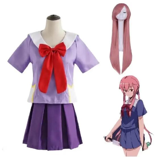 Gasai Yuno Cosplay Anime Future Diary Gasai Yuno Mirai Nikki Cosplay Costume School Uniform Bow Short Skirt Wig Halloween Suits
