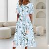 Abito midi plissettato a maniche corte con scollo rotondo, tasche, orlo ampio, stampa floreale da donna, linea ad A, abito per le vacanze, abbigliamento quotidiano
