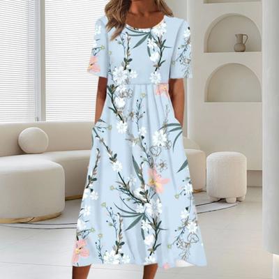 Vestido midi plissado com decote redondo e manga curta, bolsos, bainha solta, feminino, estampa floral, linha A, vestido de férias, roupa diária