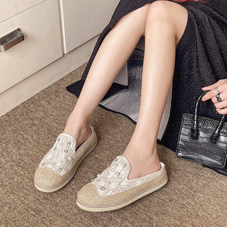 Fisherman Baotou Half Slippers Women's New Summer 2024 Korean Version Casual Outer Wear Pearl Rhinestone Thick-bottomed Straw Slippers