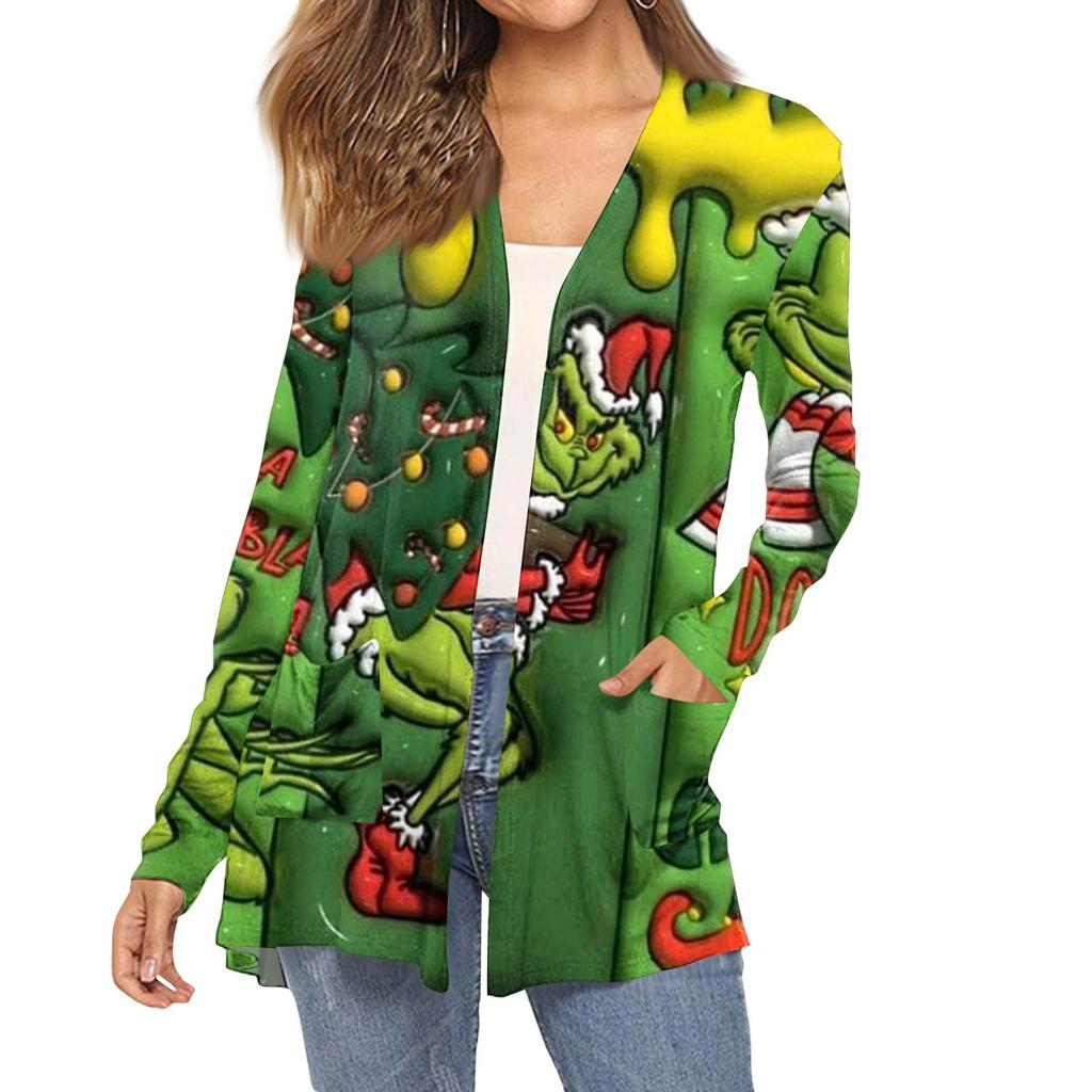 Women's Fashion Christmas Print Long-Sleeved Pocketed Slim-Fit Cardigan Coat