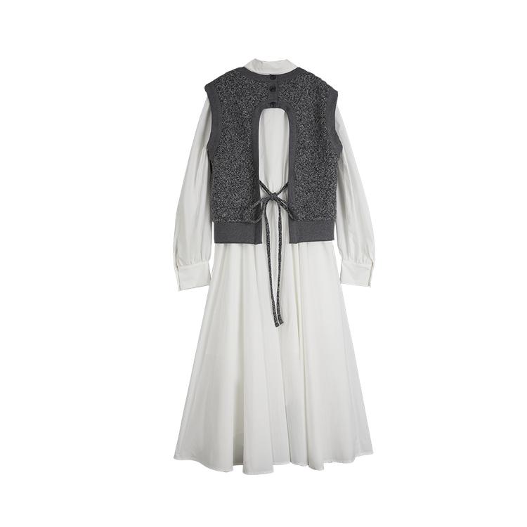 ELLE Solid Color Lapel Knitted Vest Mid Waist Long Loose Dress Casual Set Women sets White EA40104