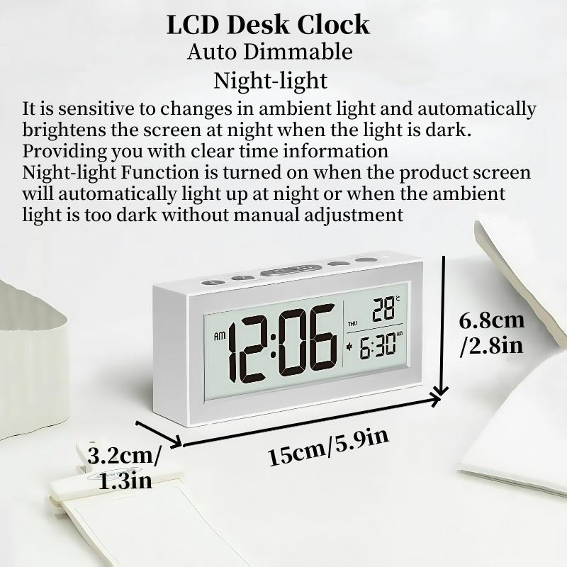 Battery Powered Digital Alarm Clock TEMP Date Backlight Night-light Unlimited Snooze Table Clock 12/24H Auto Dimmable LCD Clock