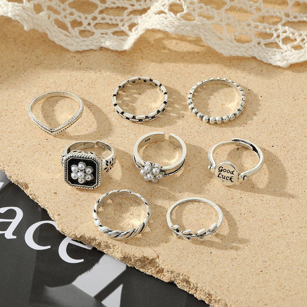 8PCS Vintage Geometric Metal Rings Set Engraved Letters Good Luck Women Trendy Jewelry