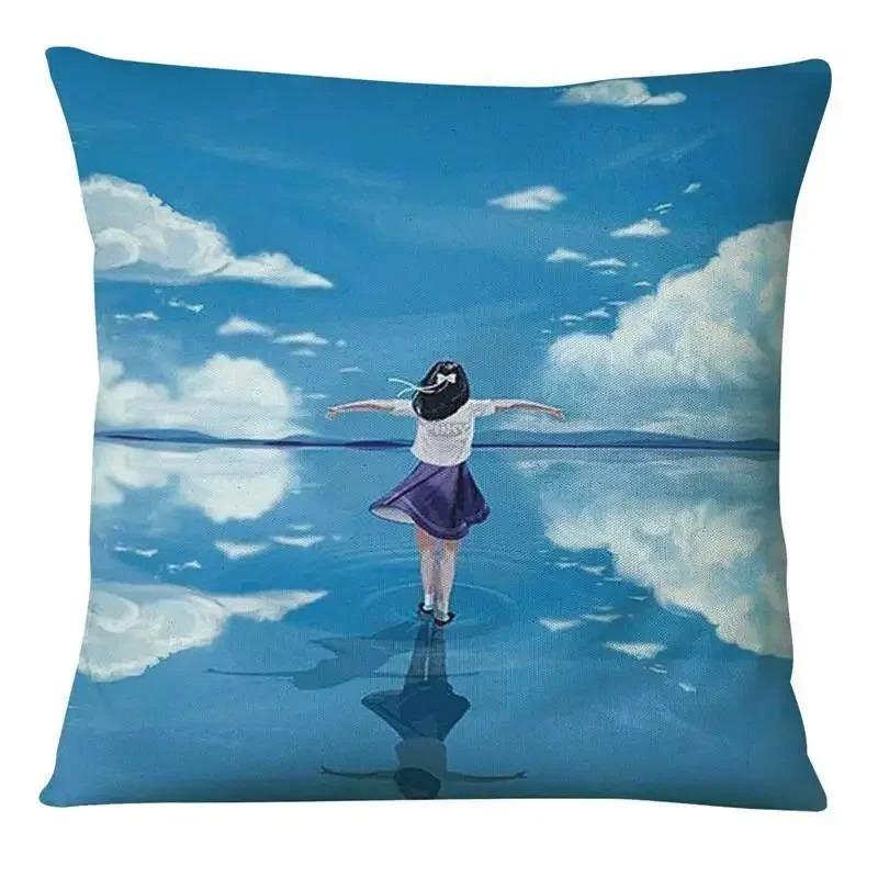 Japanese Style Cartoon Painting Pillowcase Little Girl Sky Print Pillowcase Bedroom Home Decoration Sofa Cushion Cover
