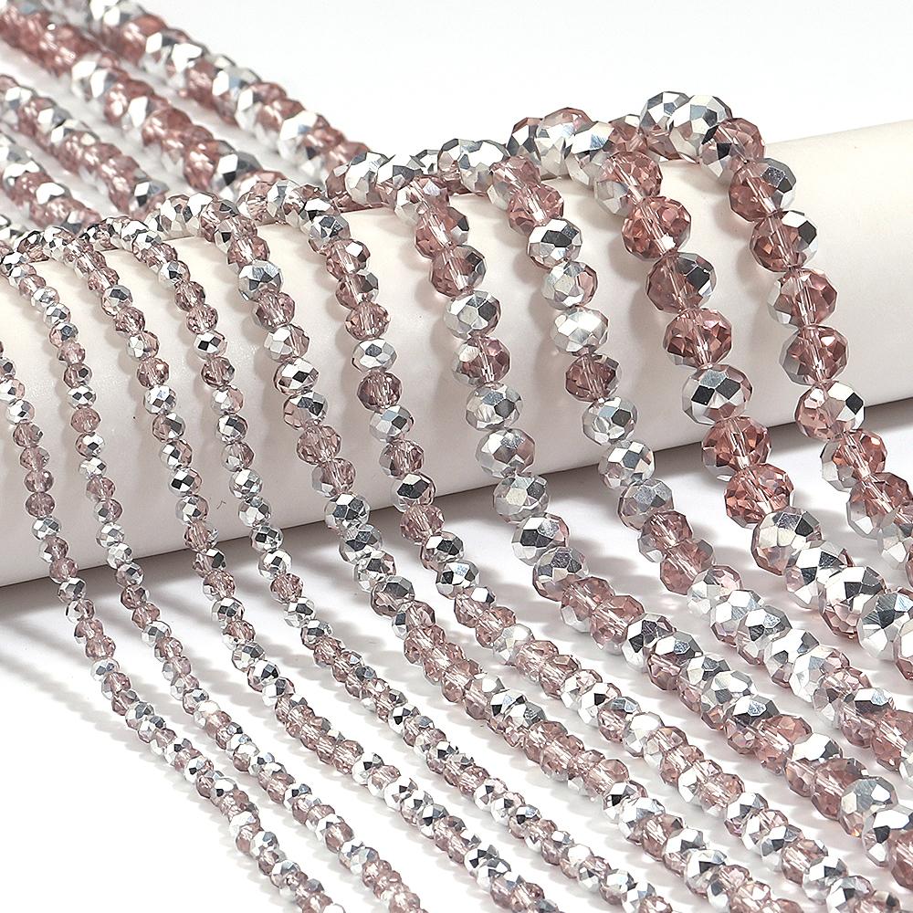 1 Strand 3/4/6/8/10mm Faceted Crystal Beads Pink Rhodium Rondelle Glass Loose Beads For Jewelry Making DIY Bracelets Necklace