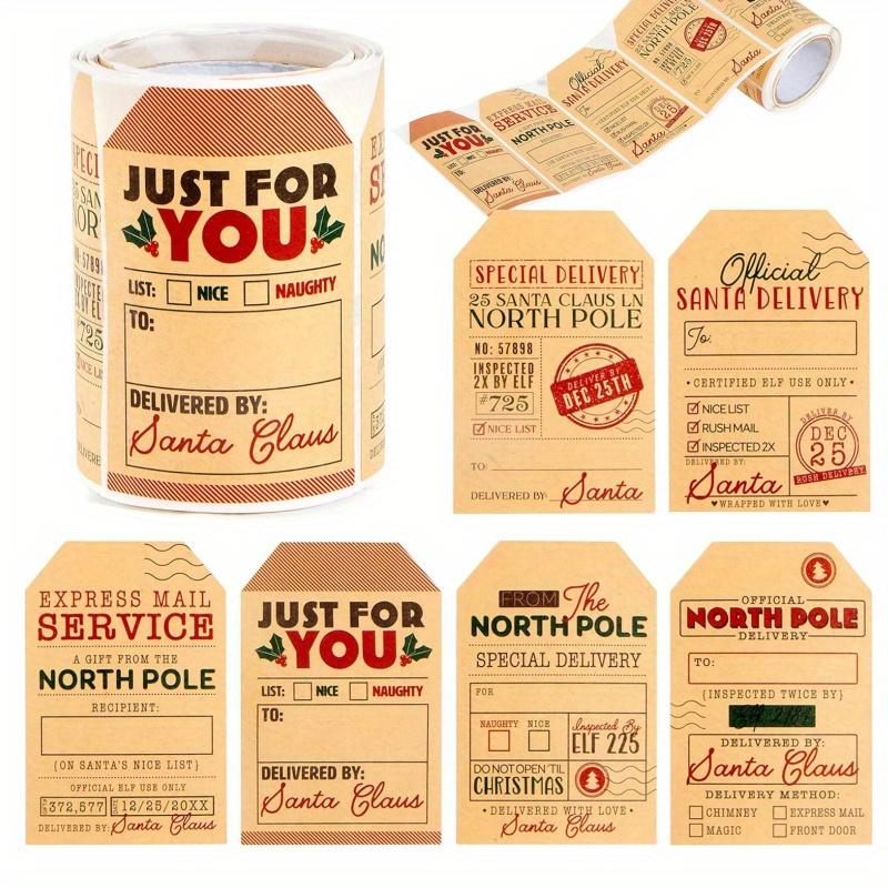 200pcs Vintage Christmas Label Stickers - Self-Adhesive Xmas Name Tags with Santa & Reindeer Designs, Kraft Paper Labels
