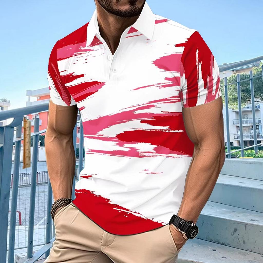 Letní pánské POLO tričko s krátkým rukávem na knoflíky s módním všestranným volným kulatým výstřihem a potiskem