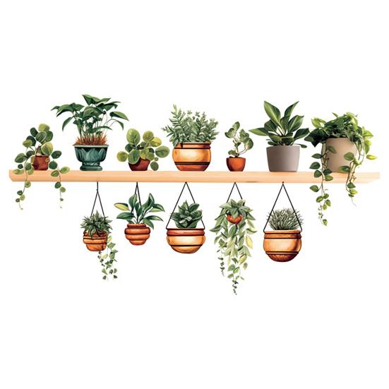 Potted Green Plant Shelf Wall Decal Tropical Plants Green Leaves Wall Stickers Removable Wall Art Murals for Living Room Bedroom Kitchen Office