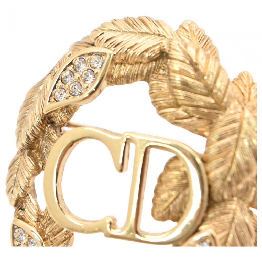 Auth DIOR Pave Leaf CD Logo Brooch Gold-Tone Metal Rhinestone Di4610bf