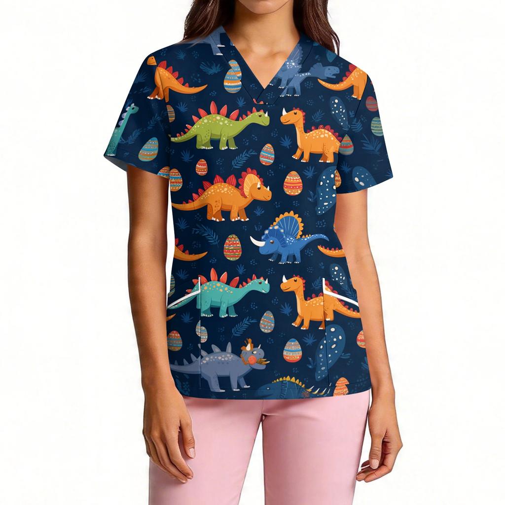 Women's V-Neck Short Sleeve Scrub Top with Pockets, Print Work Shirt, Lightweight Uniform Tunic for