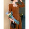 French Retro Hepburn Style Gold Velvet Long Sleeve Dress for Women - Autumn/Winter