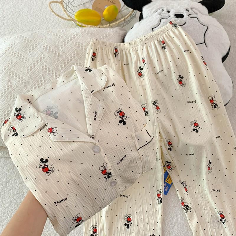 Cartoon Cute Korean Polka Dot Wrinkled Fabric Pajama Set Long Sleeve Pants Loungewear Women