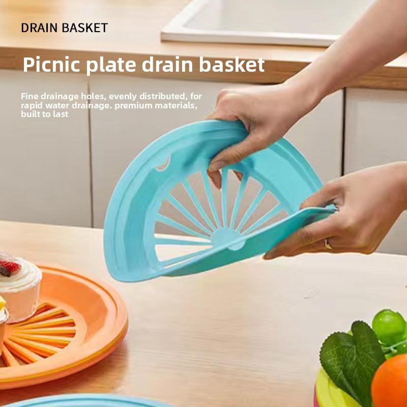 Plastic Round Hollow Drain Basket, Outdoor Picnic Food Storage Plate, Barbecue Plate Holder Drain Basket