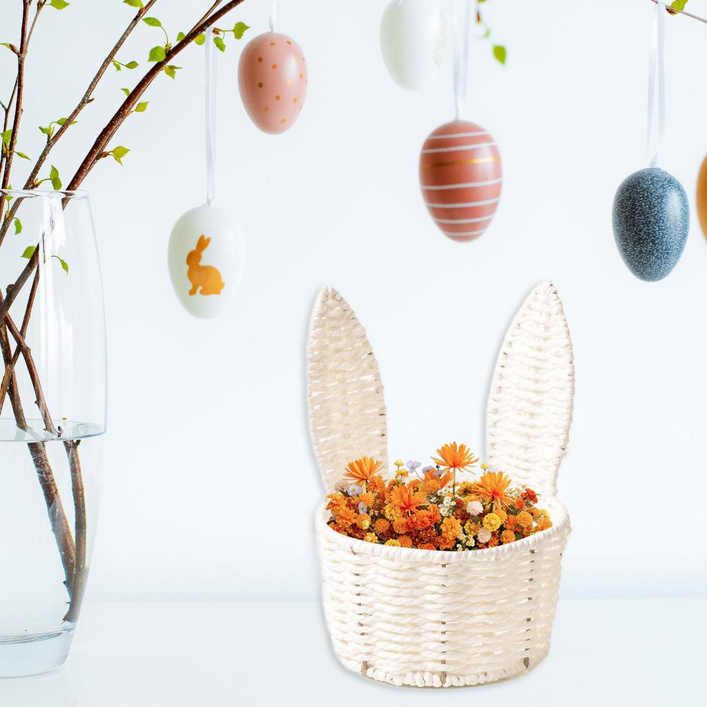 Easter Woven Bunny Ear Basket, Portable Cute Sturdy, Paper Rope Design, Decorative Candy Storage Basket Storage Organizer