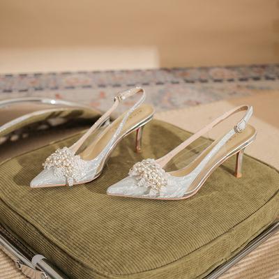 7520-3 [sheepskin] High Heels Women's Thin Heels 2025 New Pointed Crystal Wedding Shoes Bag Head Pearl Sandals